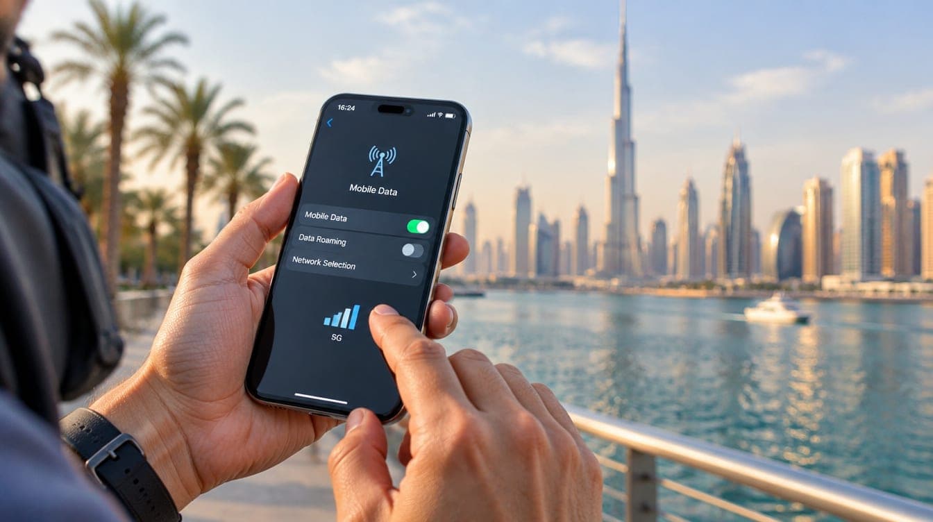 A traveller setting up a mobile eSIM on a phone with the Dubai skyline behind
