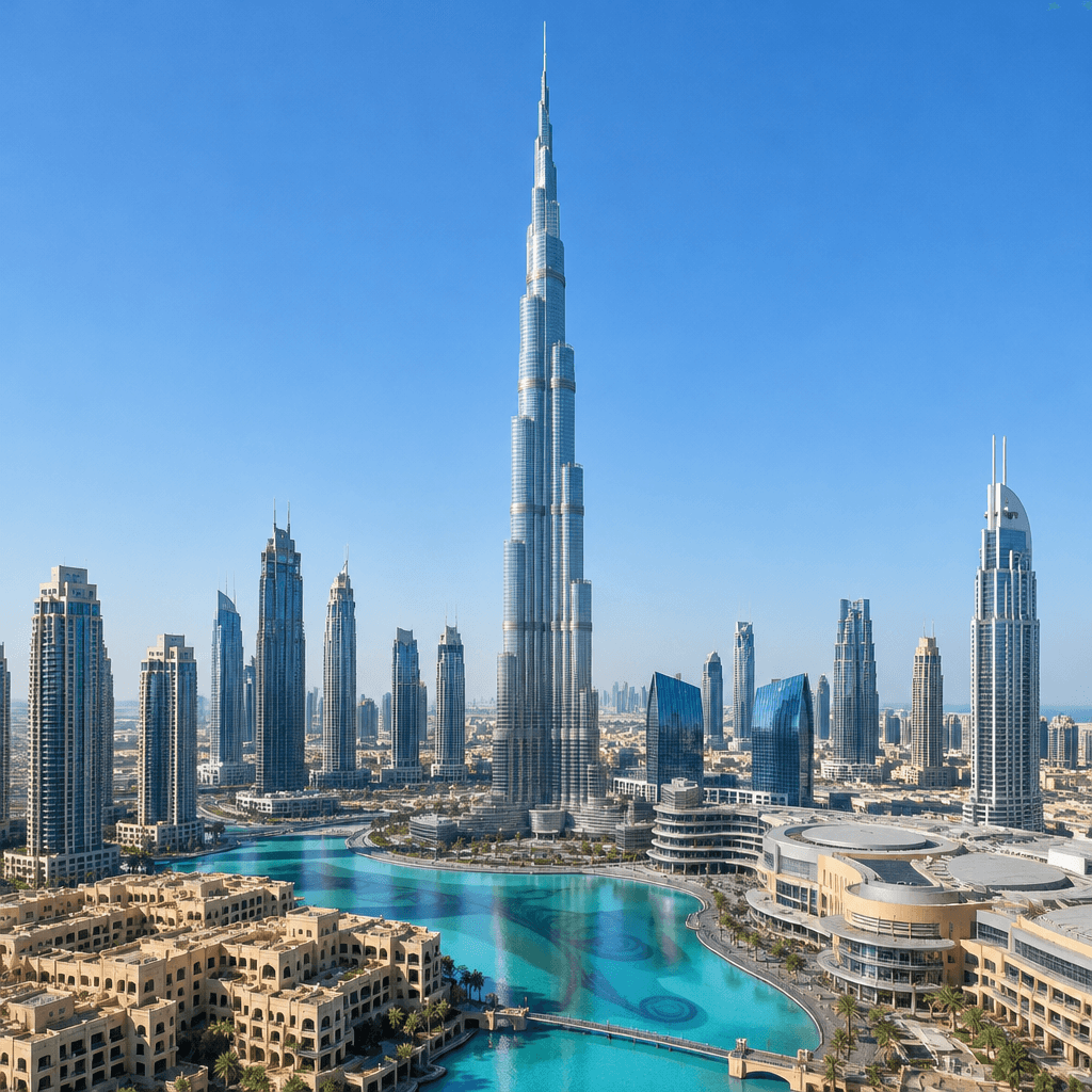 The Dubai skyline with the Burj Khalifa and modern towers rising above the Downtown waterfront under a clear sky.