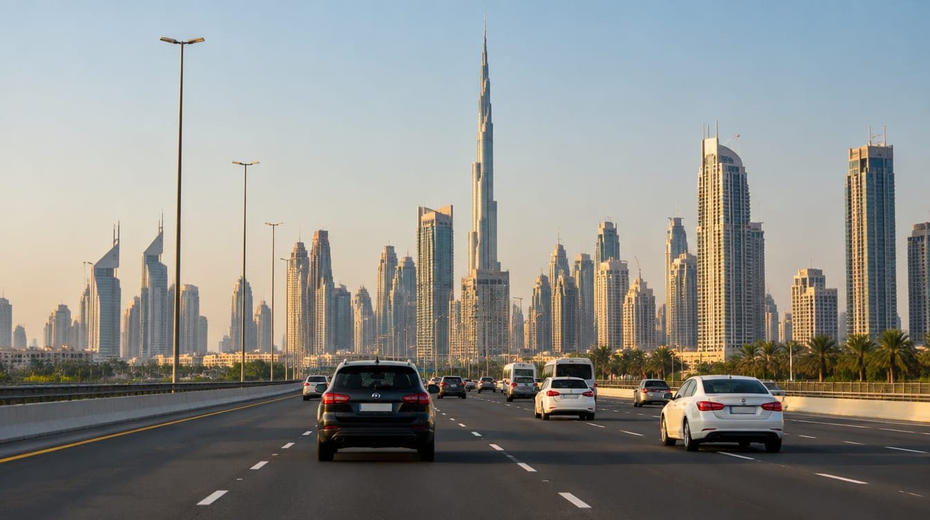 Traffic on a wide multi-lane highway across Dubai with the skyline ahead