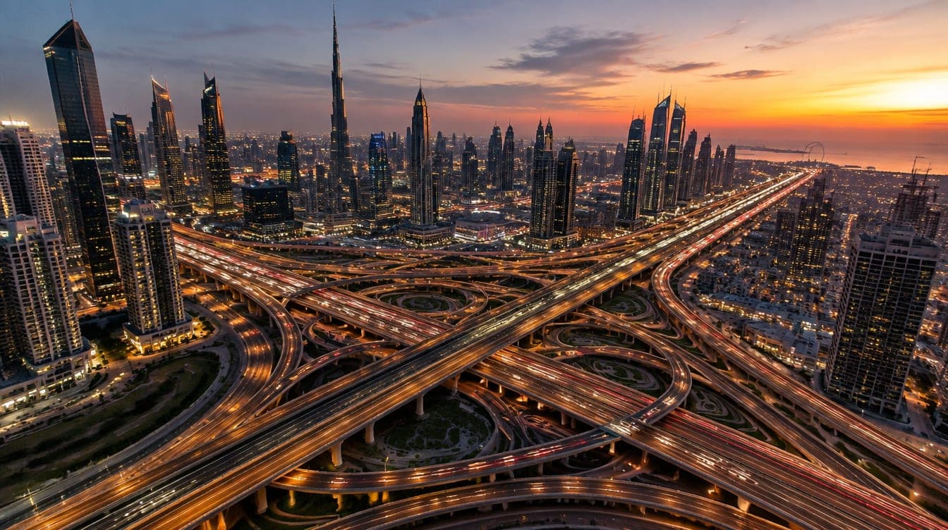 A large road interchange in Dubai seen from above at dusk, with light trails