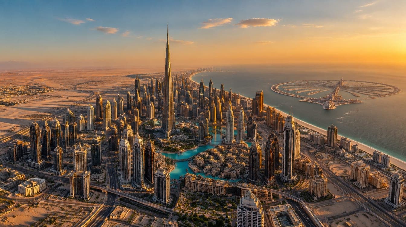 Vue aérienne de Downtown Dubai et du Burj Khalifa à l'heure dorée, avec le désert et la mer au loin