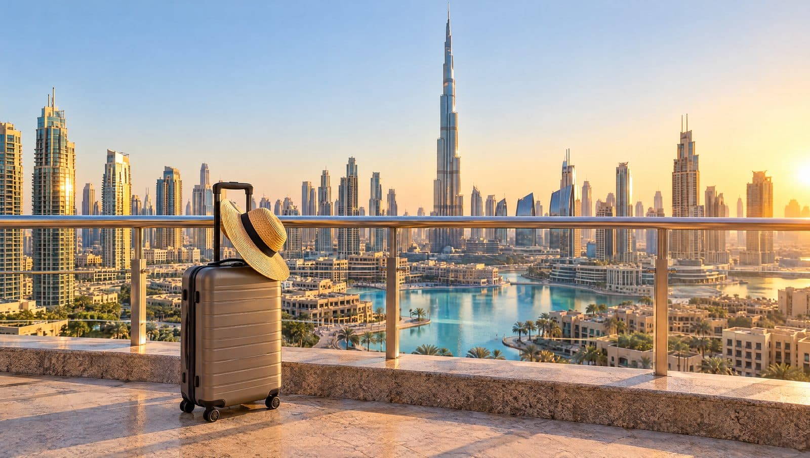 مسافر يحمل حقيبة يد ينتظر على رصيف مرتفع في مترو دبي بينما يدخل قطار المحطة، ويرتفع برج خليفة خلف أبراج شارع الشيخ زايد