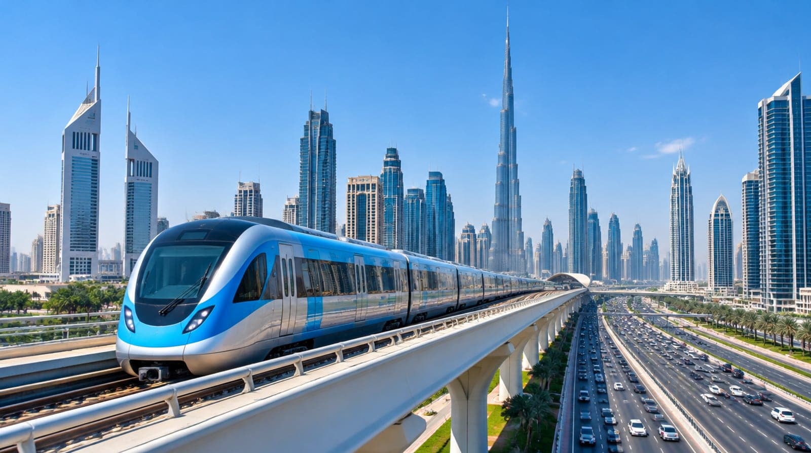 Sheikh Zayed Road'un yanındaki yükseltilmiş viyadükte ilerleyen bir Dubai Metrosu treni; arkada Burj Khalifa ve şehrin silüeti