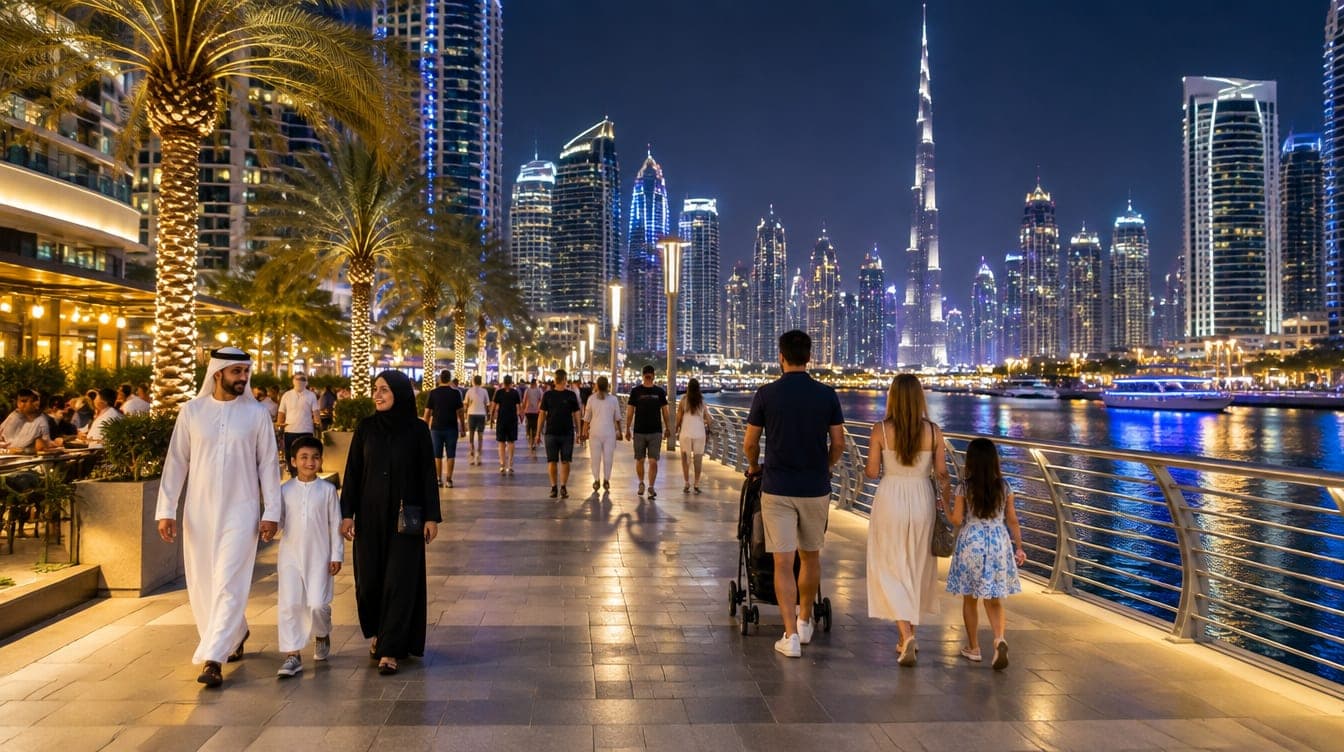 People walking safely on a busy, well-lit Dubai promenade at night