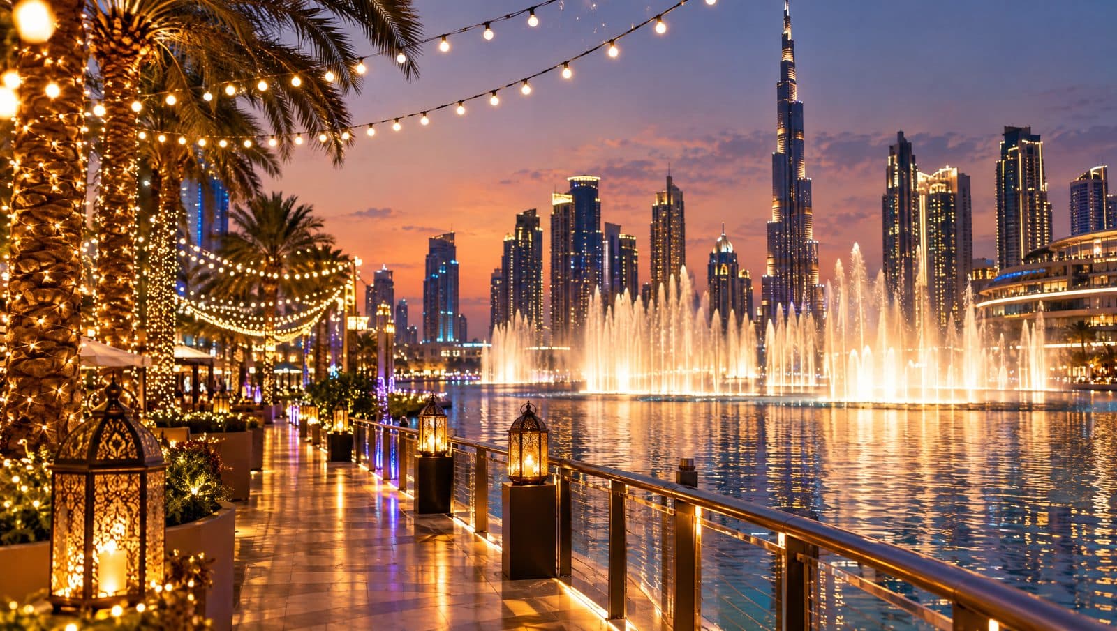 Besucher spazieren während des Dubai Shopping Festival unter festlichen Lichtern am riesigen Aquarienfenster in der Dubai Mall vorbei