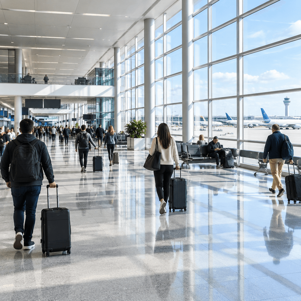 Travellers with wheeled luggage walking through a bright, modern airport terminal with aircraft visible through the windows.