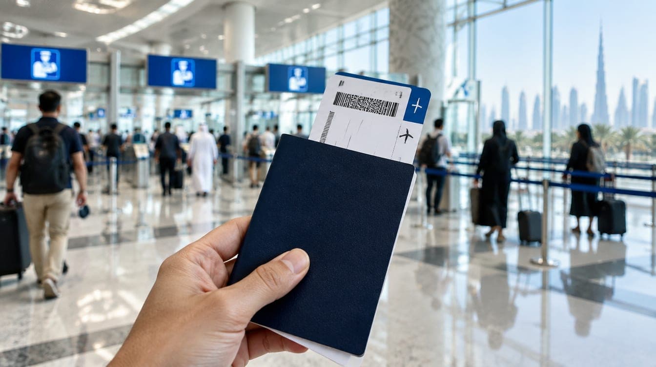 Паспорт и посадочный талон в руке в зале паспортного контроля аэропорта Дубая
