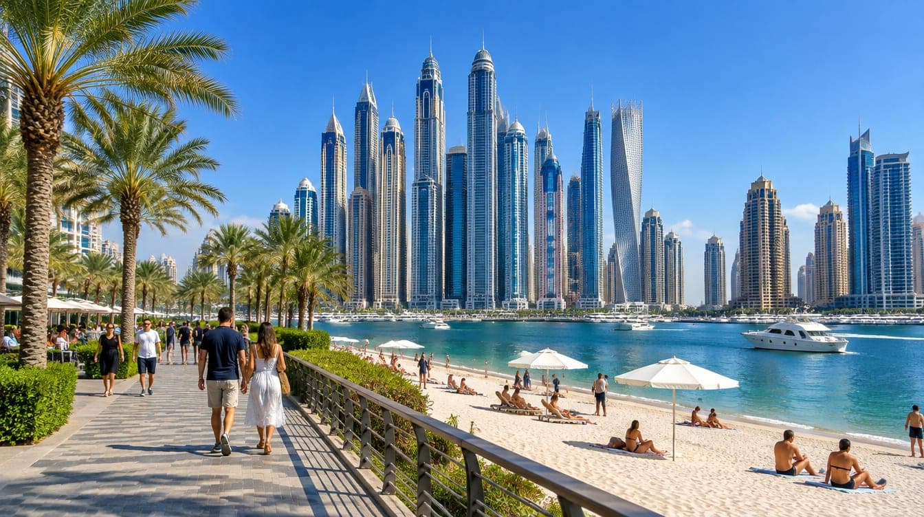 Dubai Marina y la playa en un día de invierno despejado y templado, con gente al aire libre