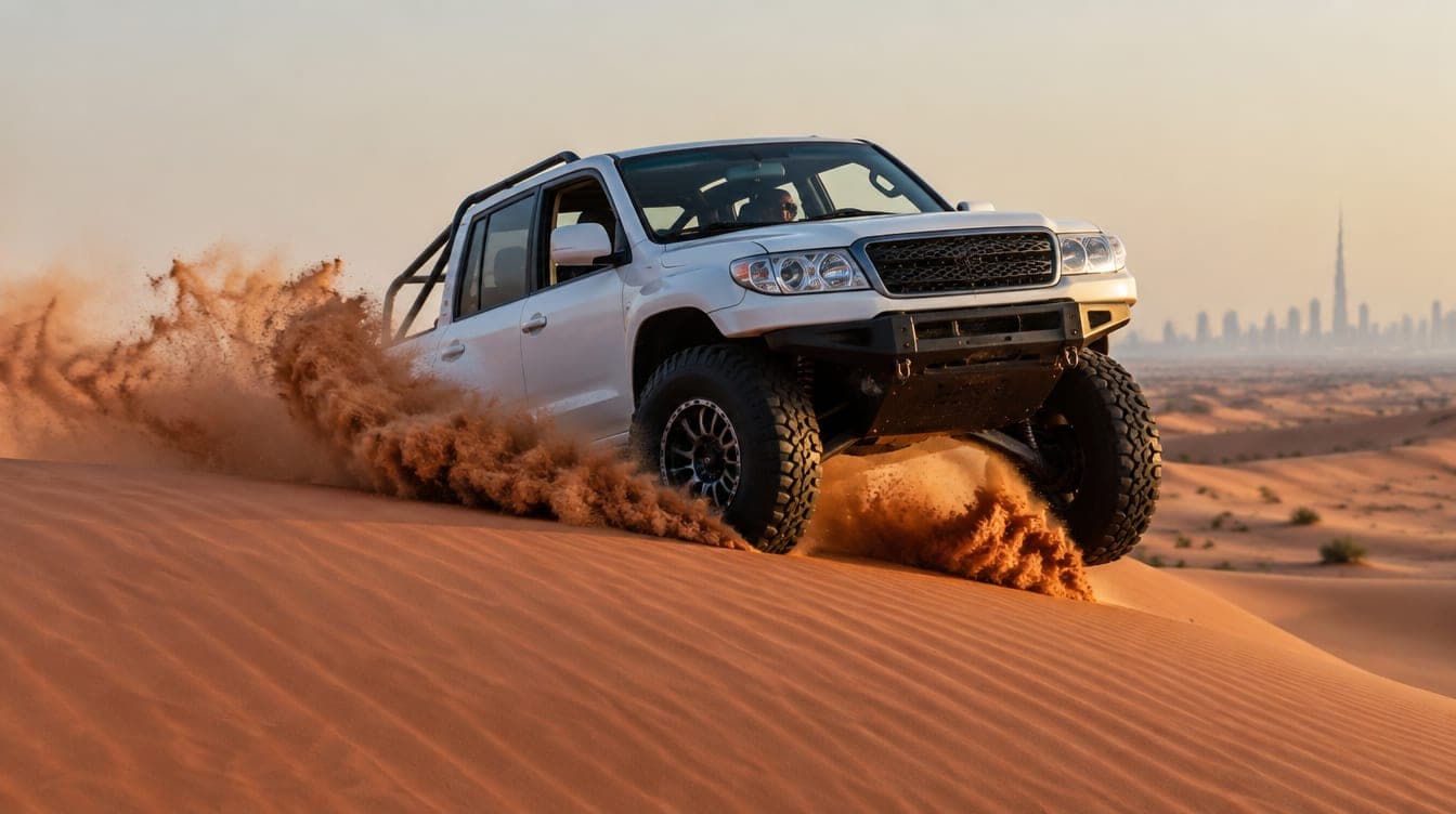 A white 4x4 cresting a red sand dune with sand spraying from its wheels
