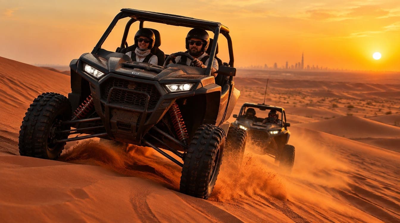 Two-seat dune buggies with roll cages climbing a red dune at sunset, the Dubai skyline in the distance