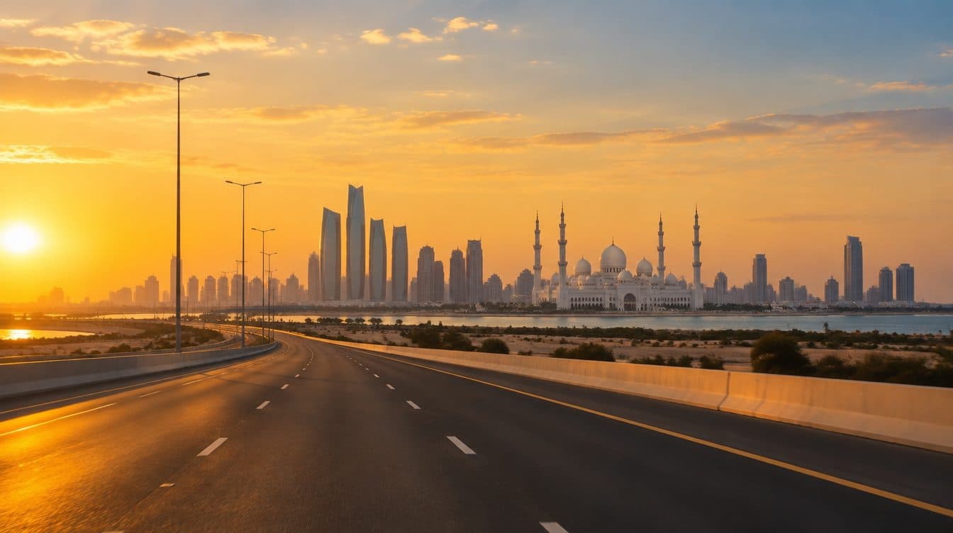 Eine leere mehrspurige Autobahn im Licht der goldenen Stunde in Richtung der Skyline von Abu Dhabi, mit einer weiß gekuppelten Moschee und Hochhäusern auf der anderen Seite des Wassers