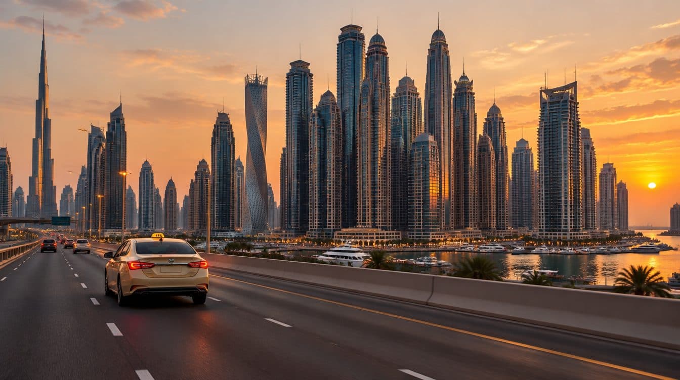 Hochhäuser am Wasser neben dem Yachthafen in Dubai Marina, dem Ziel dieser Flughafenstrecke ab DXB