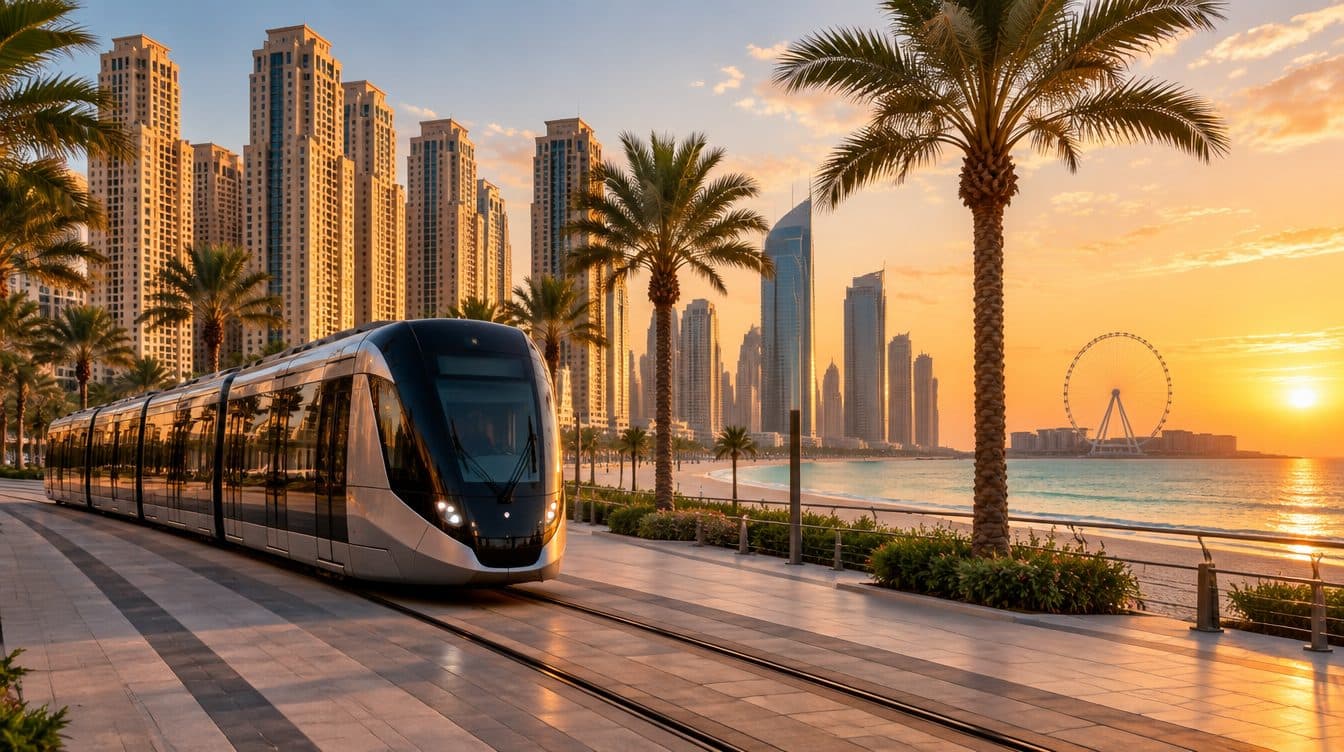 أبراج جميرا بيتش ريزيدنس (JBR) على ساحل دبي، مع الشاطئ في المقدمة