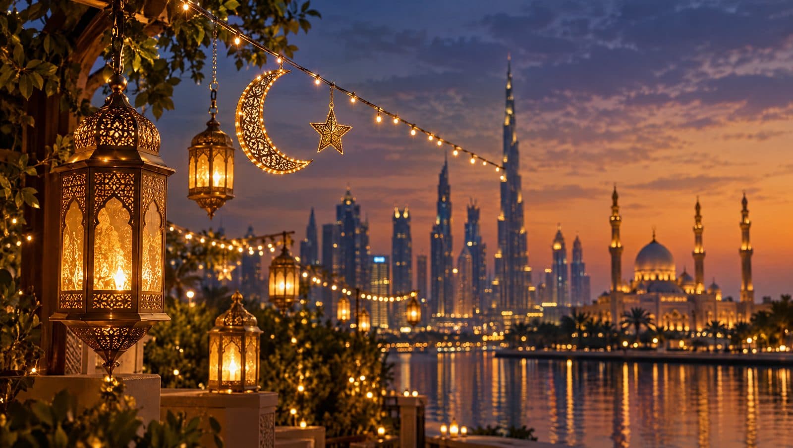 Eid-Feuerwerk über einer Uferpromenade in Dubai bei Nacht, Familien und festliche Menschenmengen schauen zu, dahinter die beleuchtete Skyline