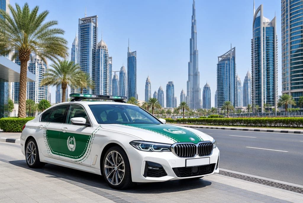 a Dubai Police patrol car on a city street