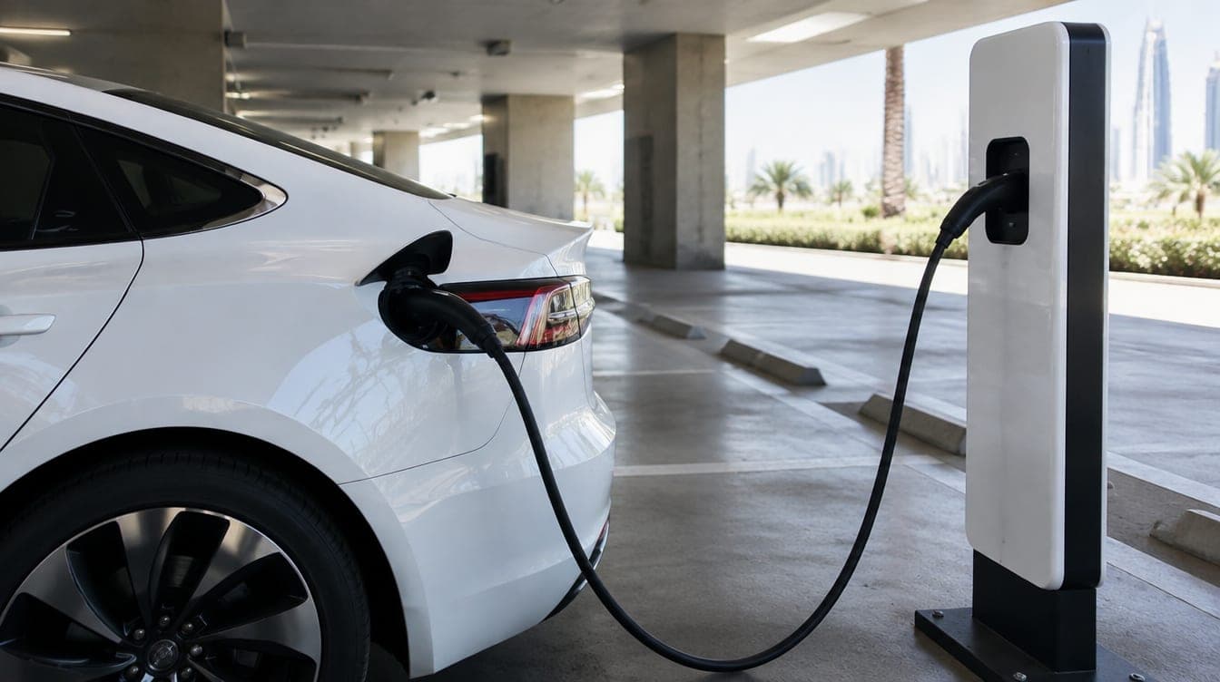A white electric car plugged into a public charger in a shaded Dubai car park