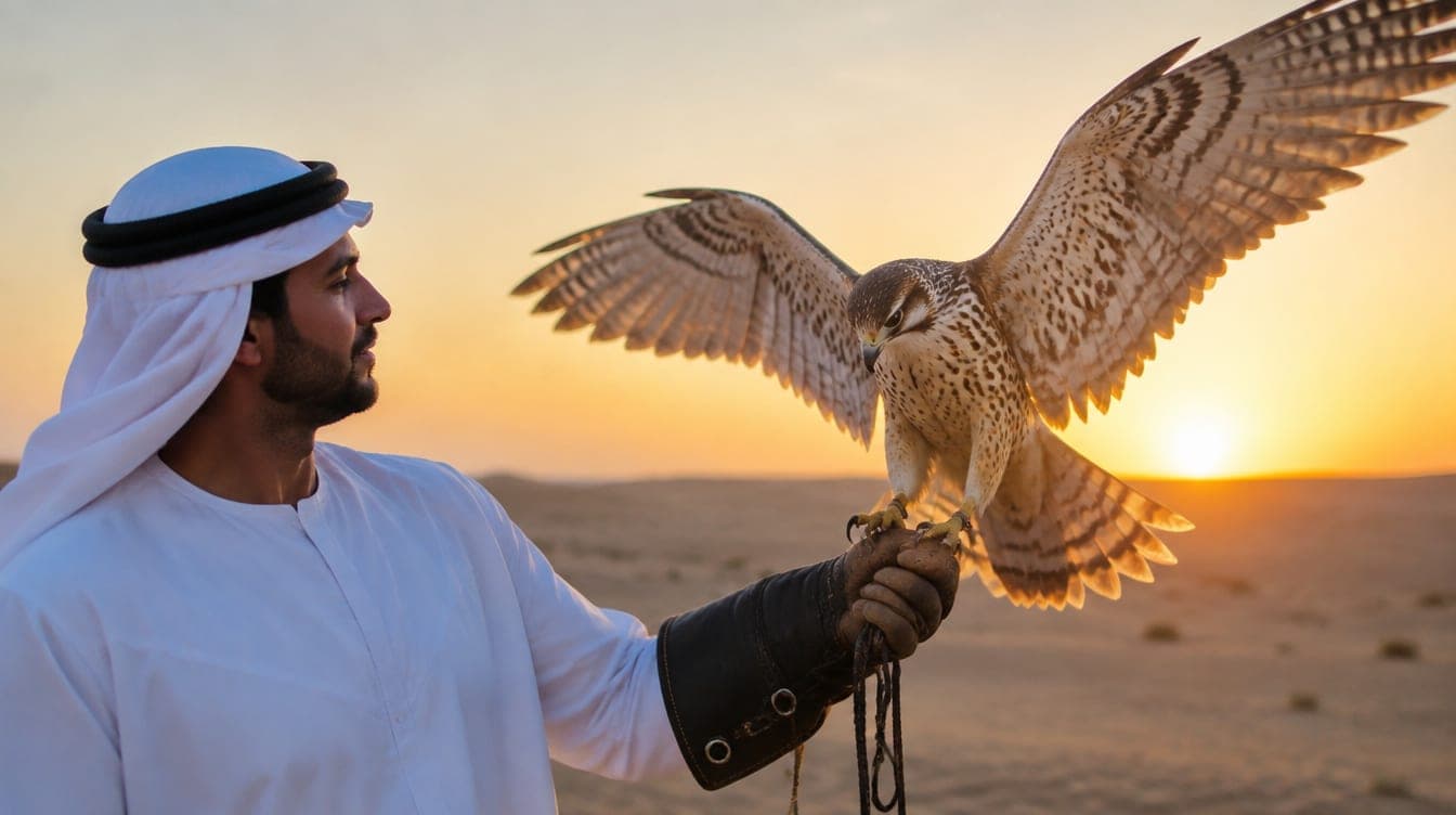 A falcon landing on a handler's gloved arm in the desert at sunrise