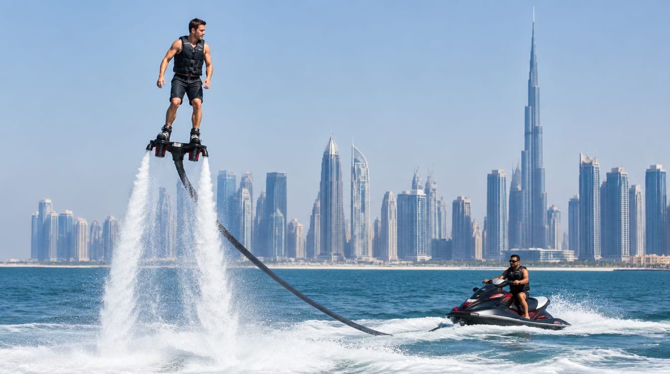 A rider hovering above the sea on a water-jet flyboard, spray below, with Dubai towers behind
