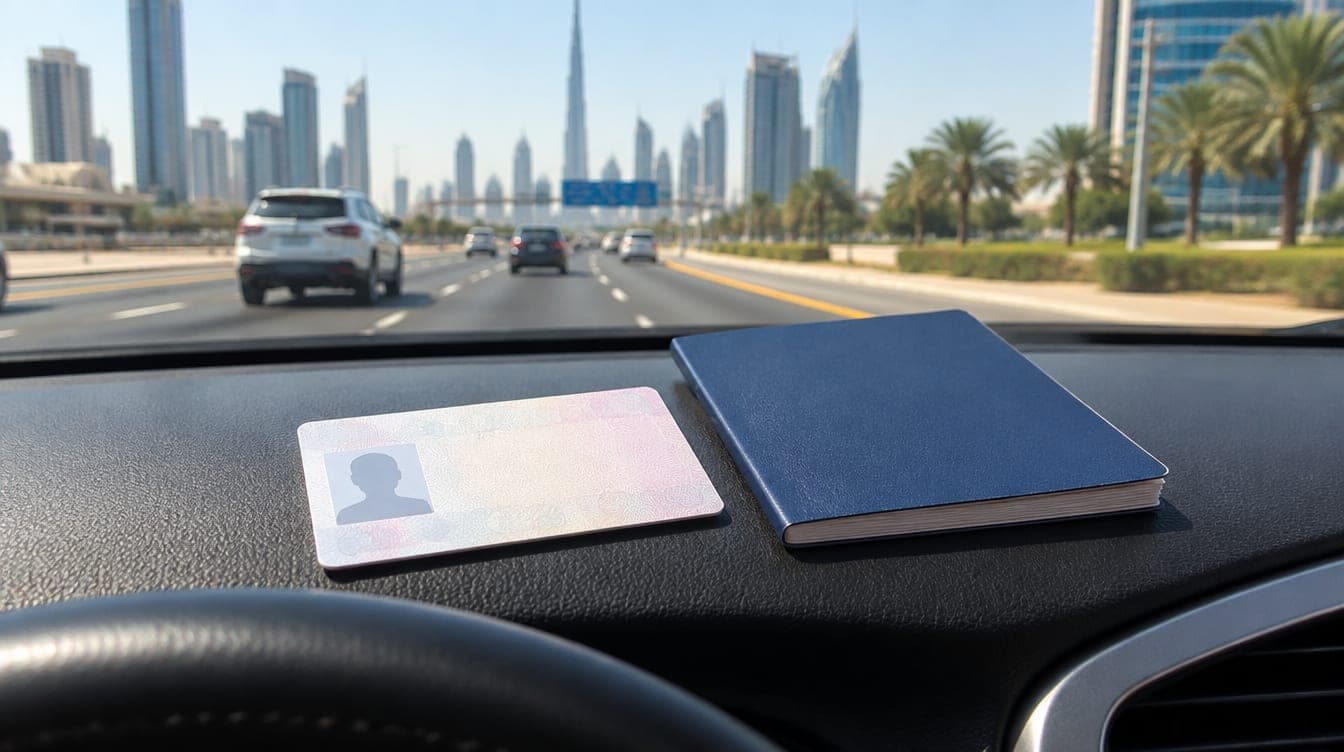 Ein Führerschein und das Heft eines Internationalen Führerscheins auf dem Armaturenbrett eines Autos, durch die Windschutzscheibe die Skyline von Dubai