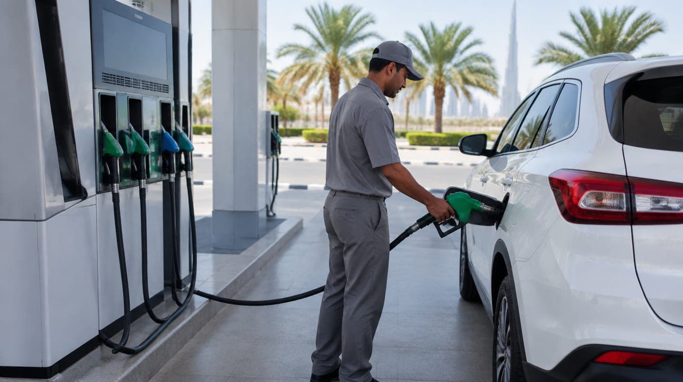 An attendant refuelling a white car at a petrol station in Dubai