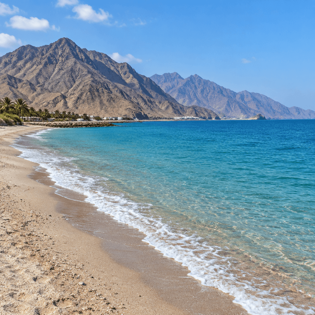 Ein ruhiger Sandstrand trifft an der Ostküste von Fujairah auf das klare blaue Wasser des Golfs von Oman, dahinter erhebt sich das Hajar-Gebirge.