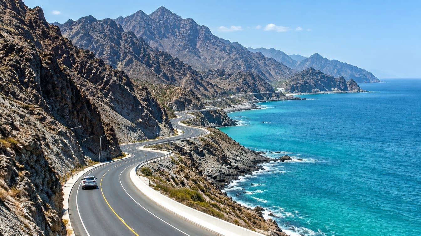 BAE Doğu Kıyısı'nda turkuaz denizin üzerindeki bir kıyı dağ yolunda bir araç — Dubai'den Fujairah'a araçla gitmek