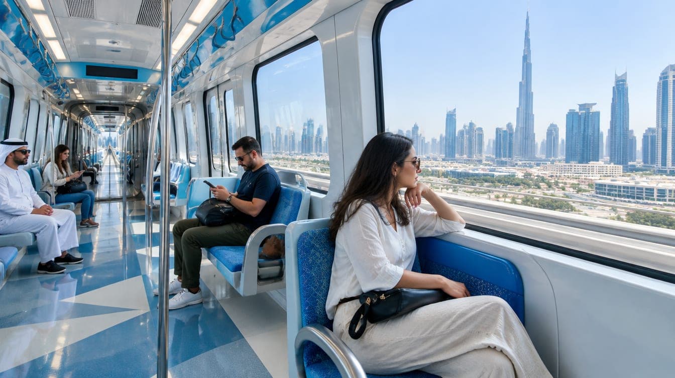Dubai Marina with the tram and towers at dusk