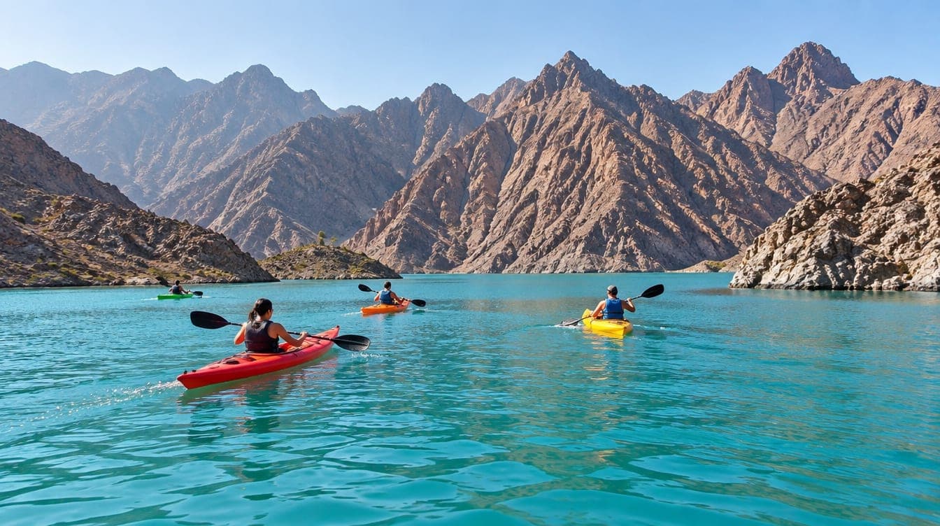 Kayaks on the turquoise water of Hatta Dam between rocky mountains