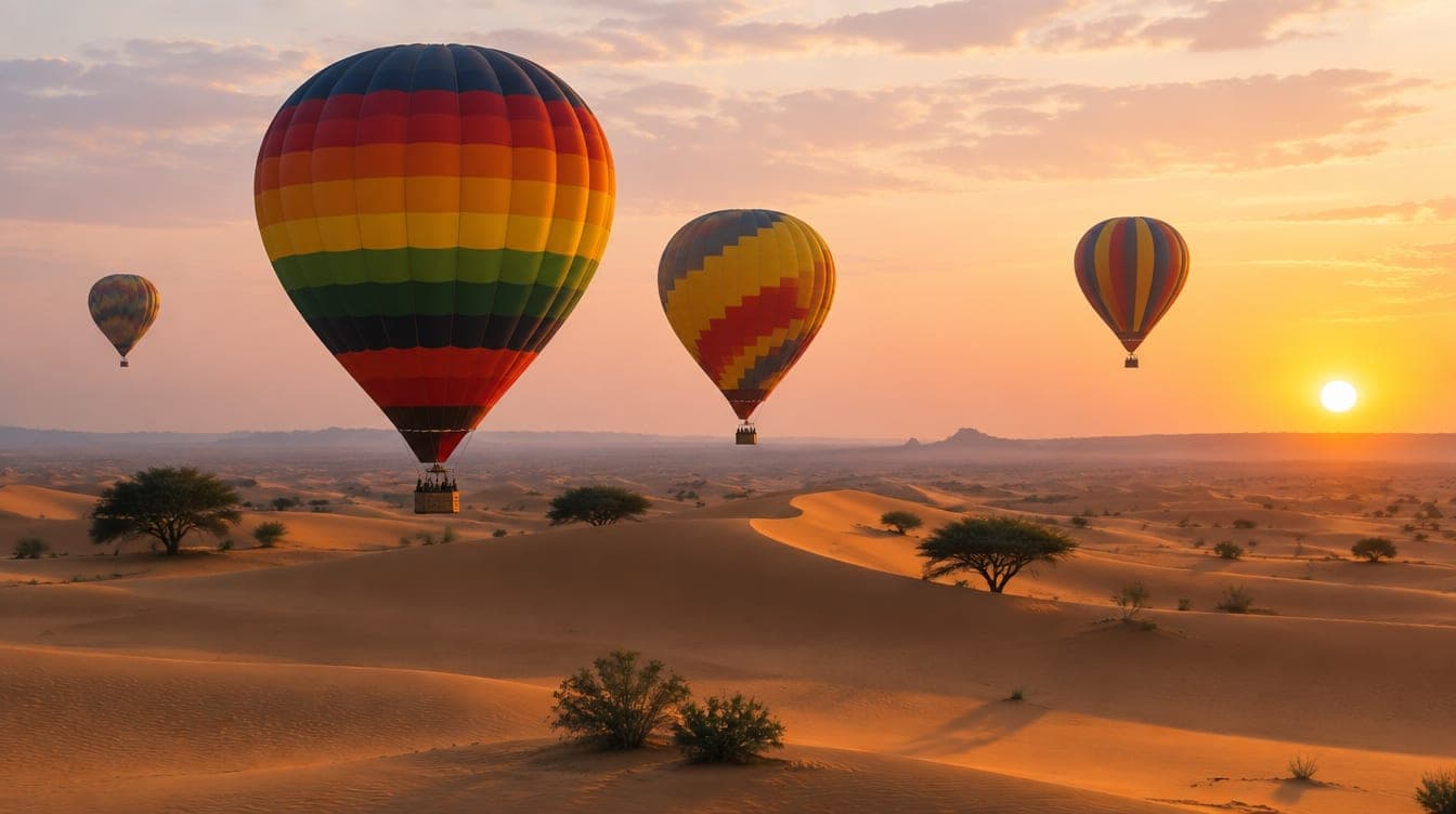 Hot air balloons drifting over the desert dunes outside Dubai at sunrise