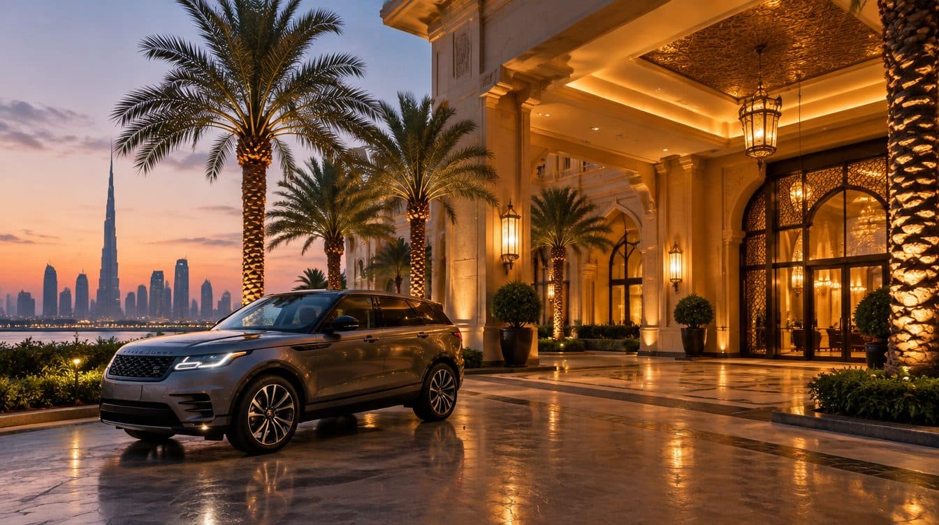 Ein Mietwagen steht vor dem Eingang eines Hotels in Dubai, während ein Gast um ihn herumgeht und das Auto prüft, bevor er dafür unterschreibt