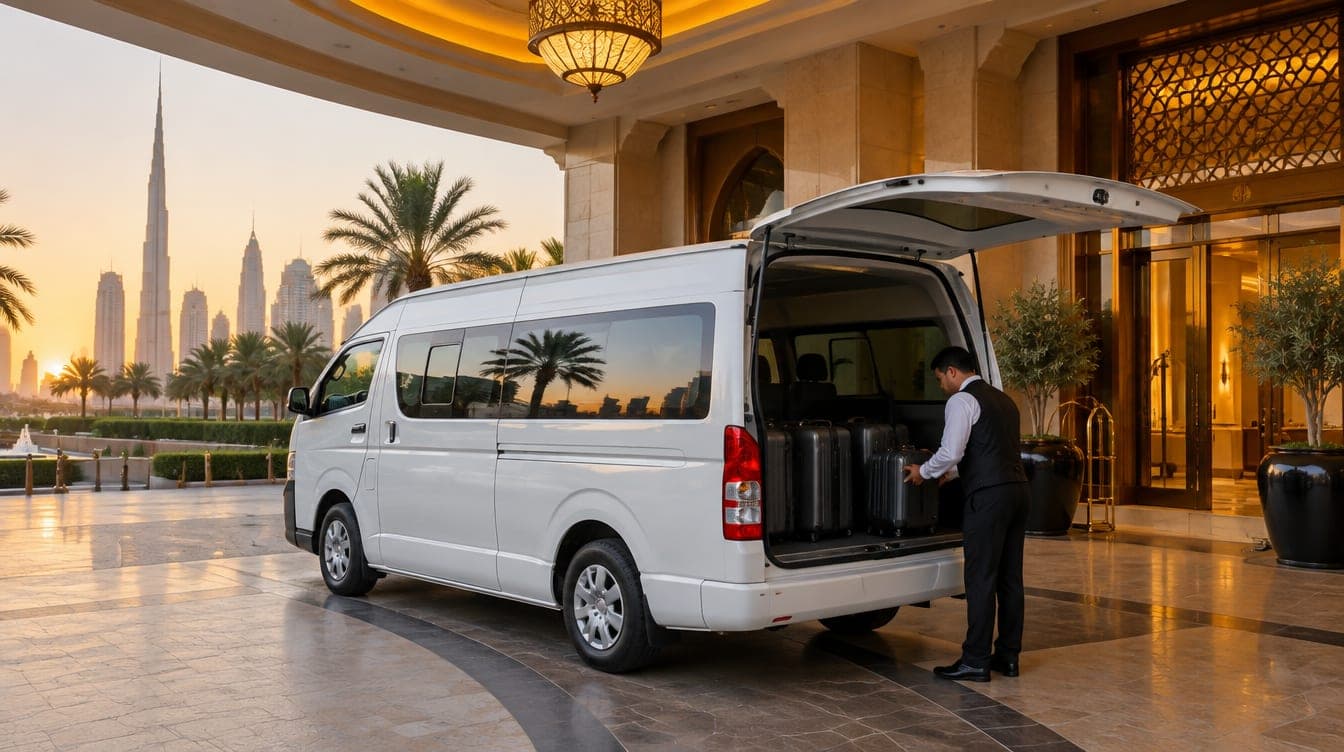 A white passenger van parked under the entrance canopy of a Dubai hotel