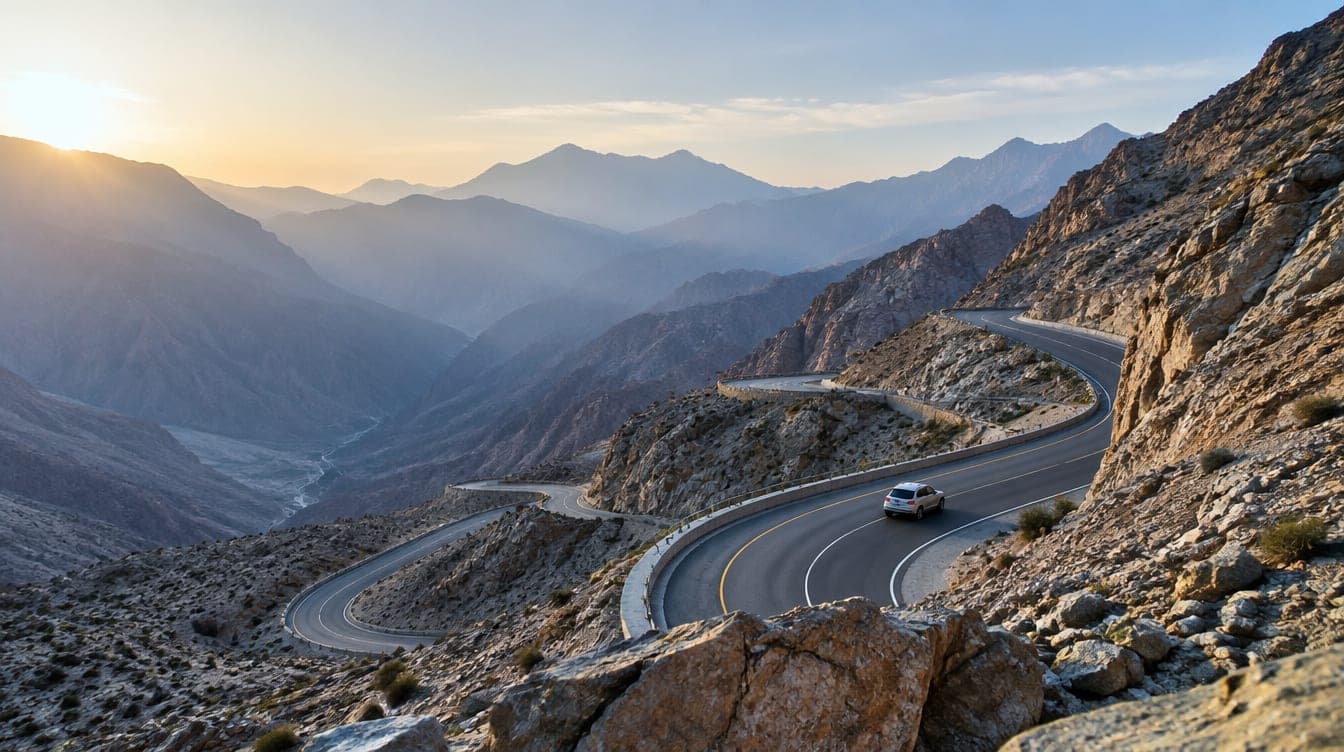 A winding mountain road climbing through the rocky Hajar Mountains at Jebel Jais