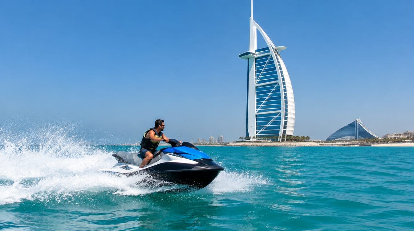 A rider in a life jacket on a jet ski off Jumeirah, with the Burj Al Arab behind