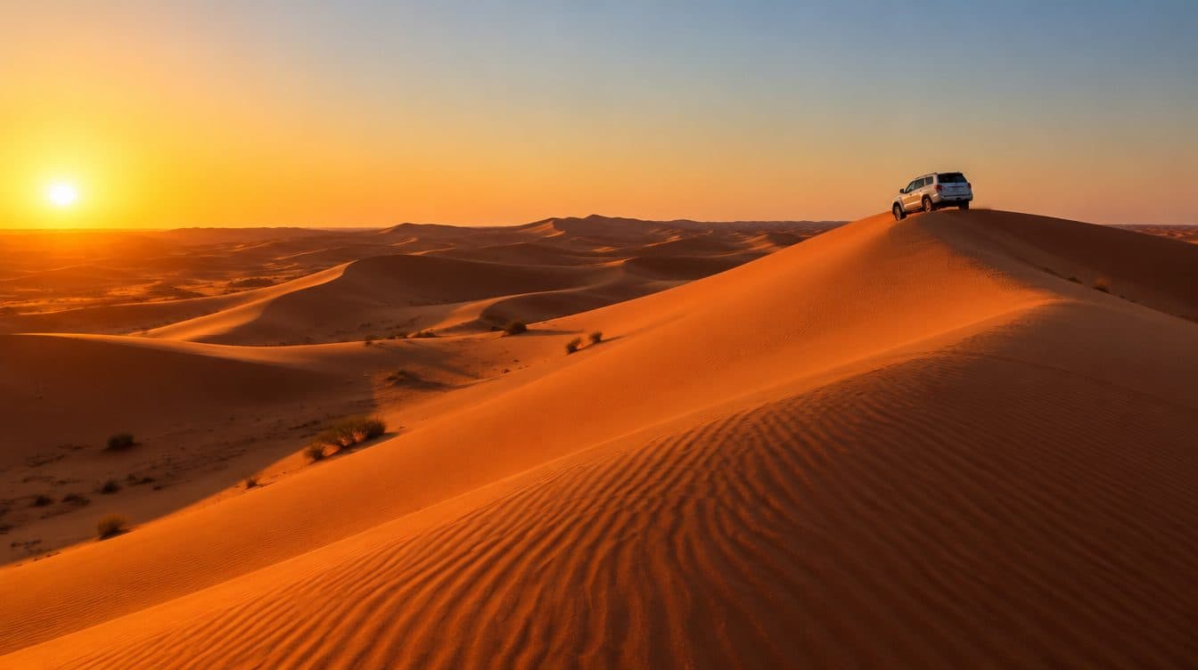 Red-orange sand dunes in the Dubai desert at golden hour