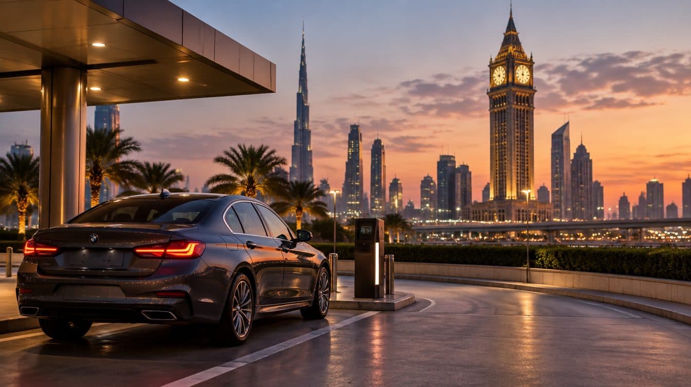 Ein Fahrer schaut neben einem geparkten Mietwagen an einer Rückgabestelle in Dubai im Licht des späten Nachmittags auf die Uhr