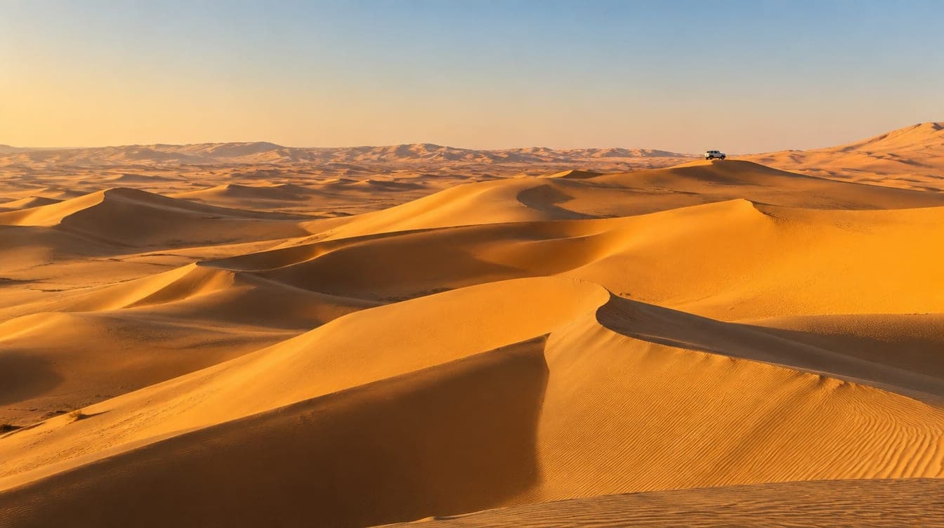 Vast golden dunes of the Liwa desert rolling to the horizon under a clear sky