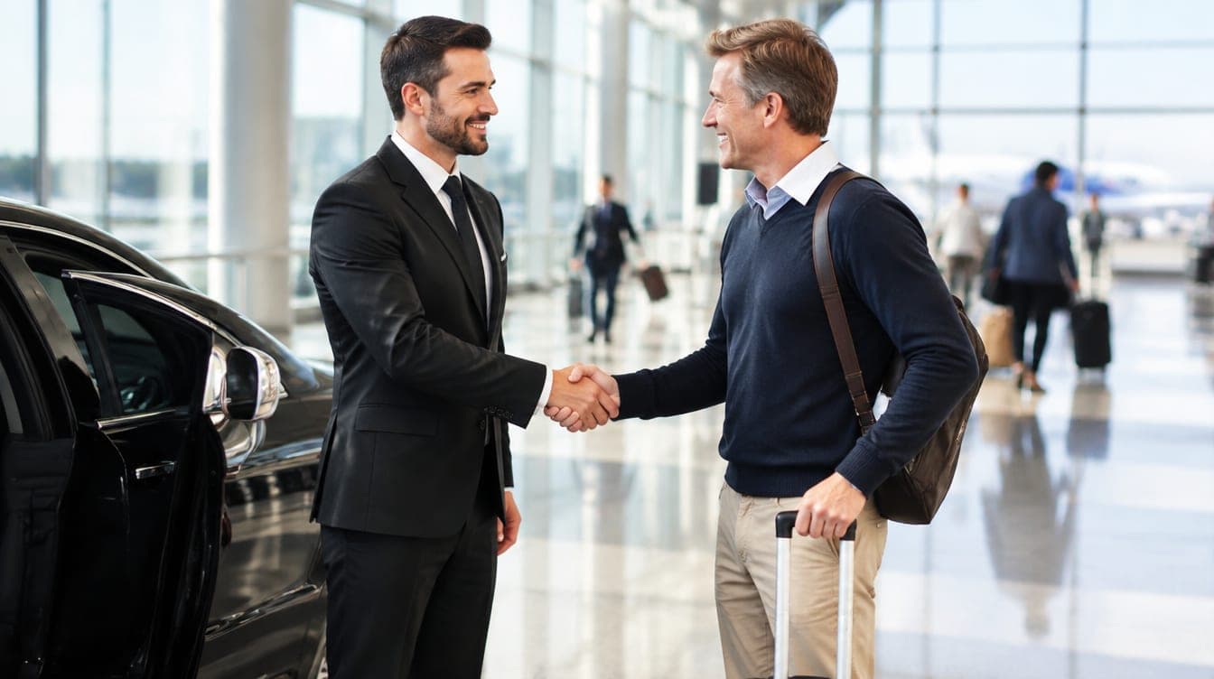 A driver in a suit greeting a traveller with a suitcase in a bright airport arrivals hall