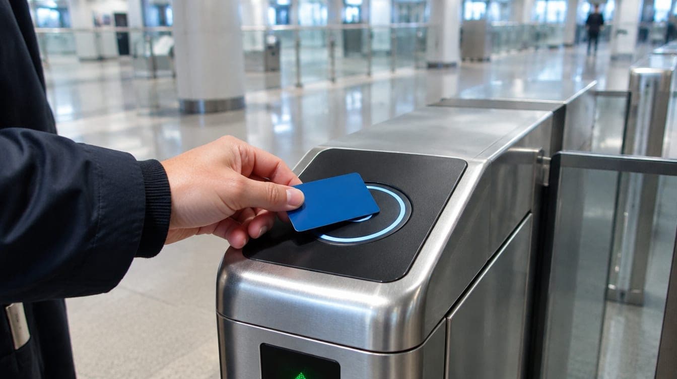 A traveller tapping a travel card at a Dubai Metro ticket gate