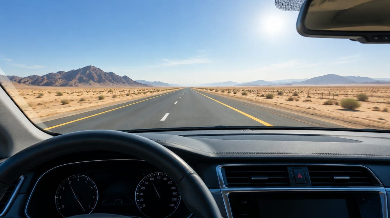 Eine mehrspurige Autobahn verlässt Dubai in der Dämmerung
