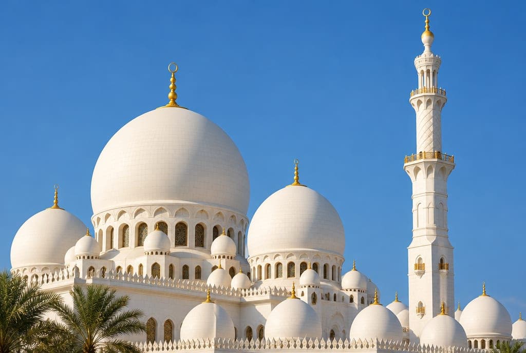 Açık bir gökyüzüne karşı bir Dubai camisinin beyaz kubbeleri ve minaresi