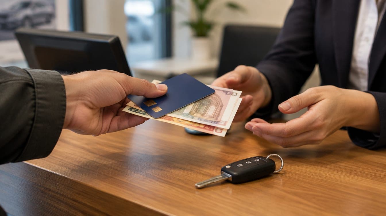 Bezahlung eines Mietwagens in Dubai mit Debitkarte und Bargeld am Schalter der Autovermietung