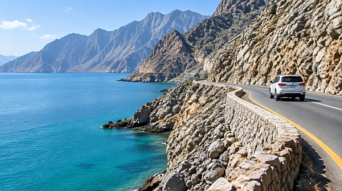 A coastal road winding between rocky mountains and the sea in Musandam, Oman