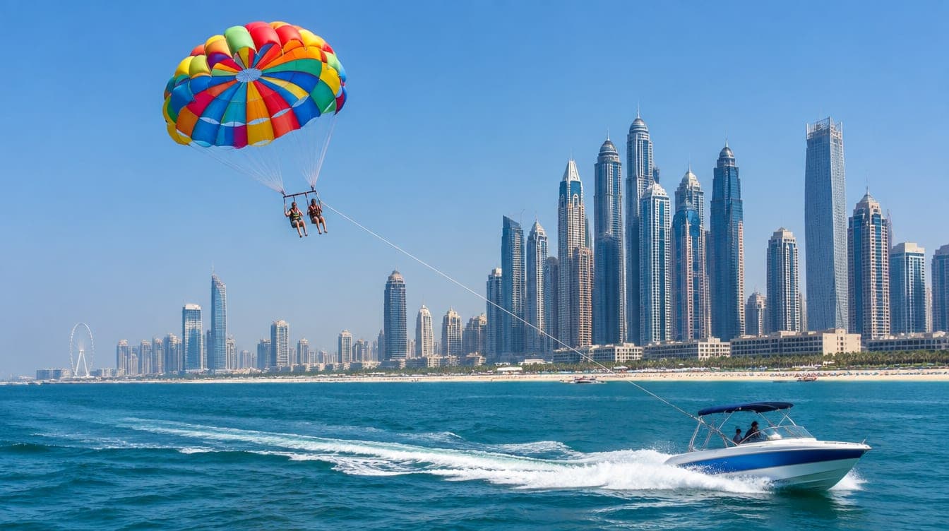 A colourful parasail towed high above the sea by a boat, with the Dubai skyline behind