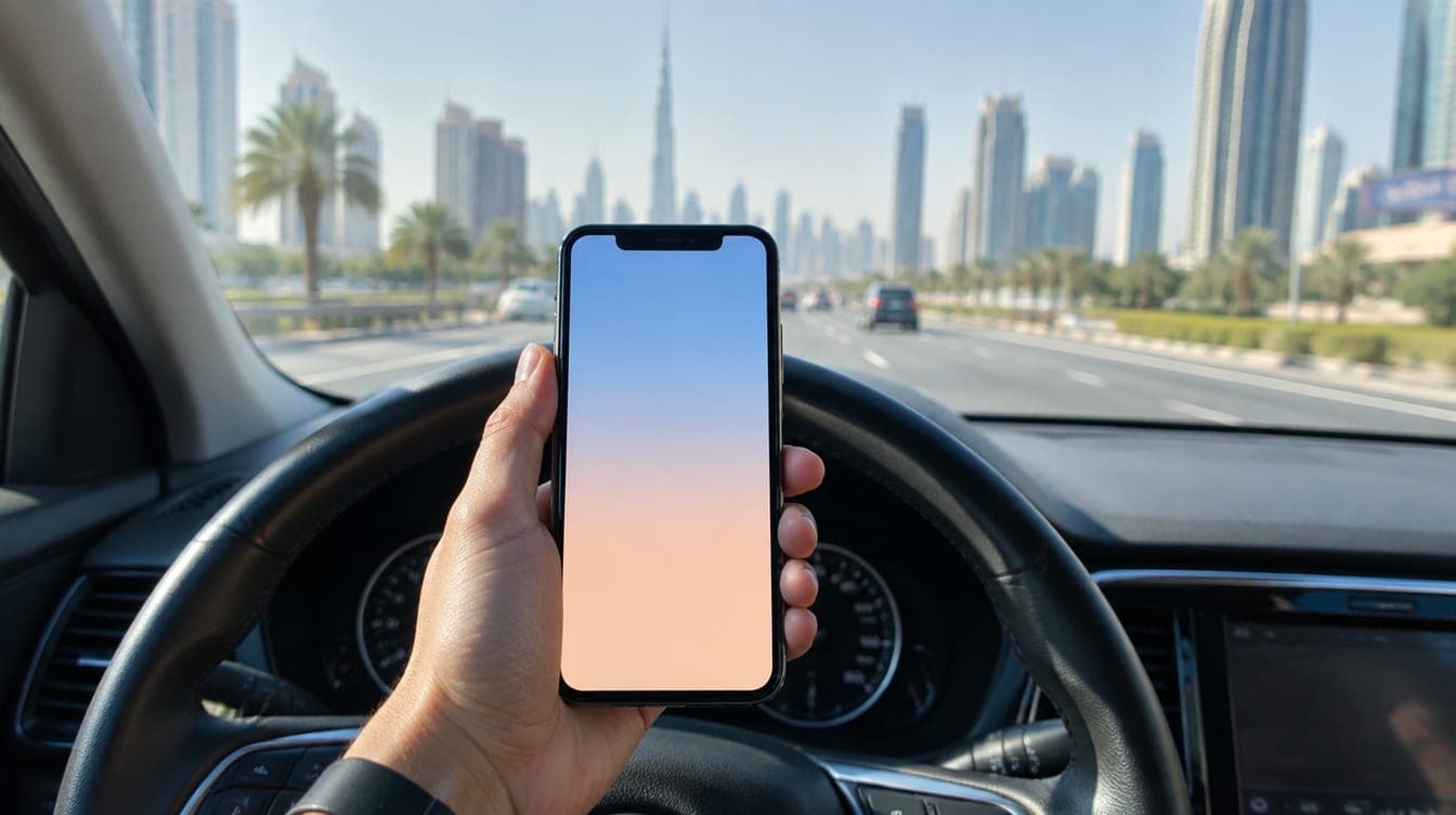 Un conducteur tenant un téléphone dans la voiture pour consulter et payer une amende de la circulation à Dubai, les gratte-ciel devant lui