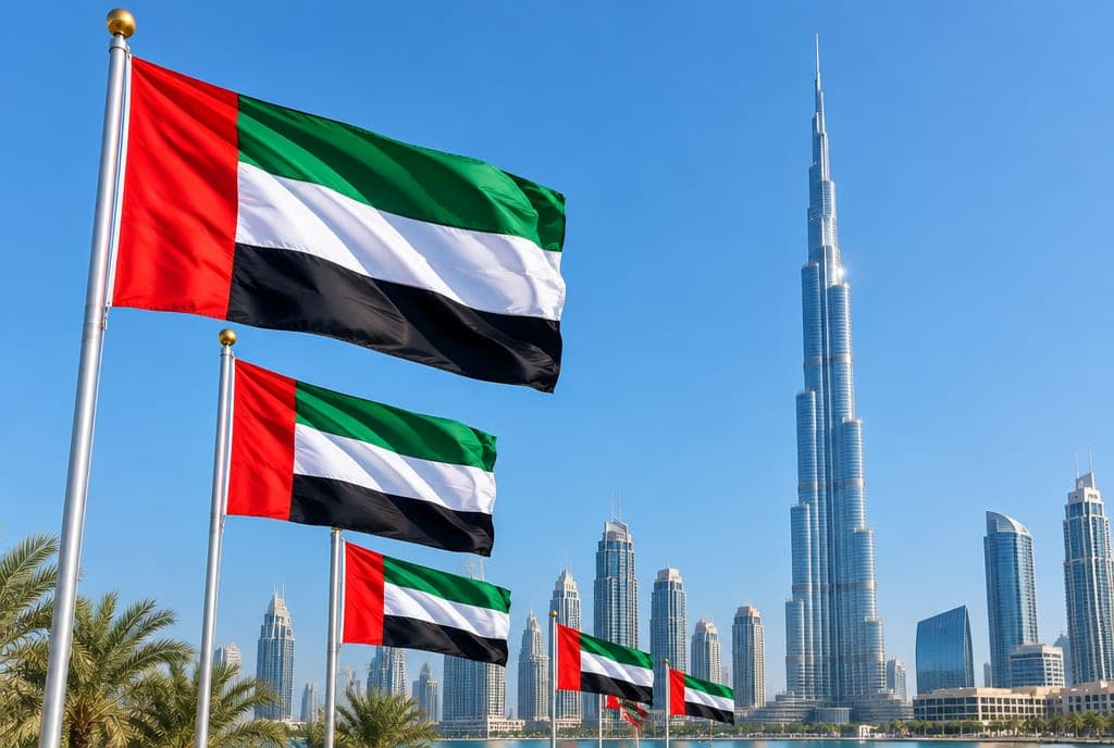 أعلام الإمارات ترفرف في سماء صافية وخلفها أحد معالم دبي