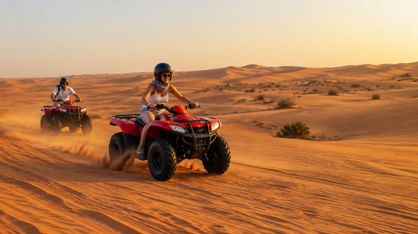 Two riders in helmets on red quad bikes crossing the dunes outside Dubai at golden hour