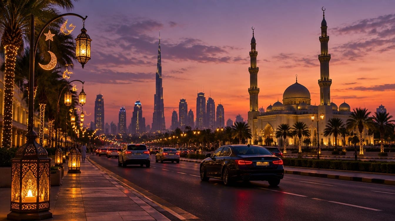 Verkehr auf einer Straße in Dubai in der Dämmerung