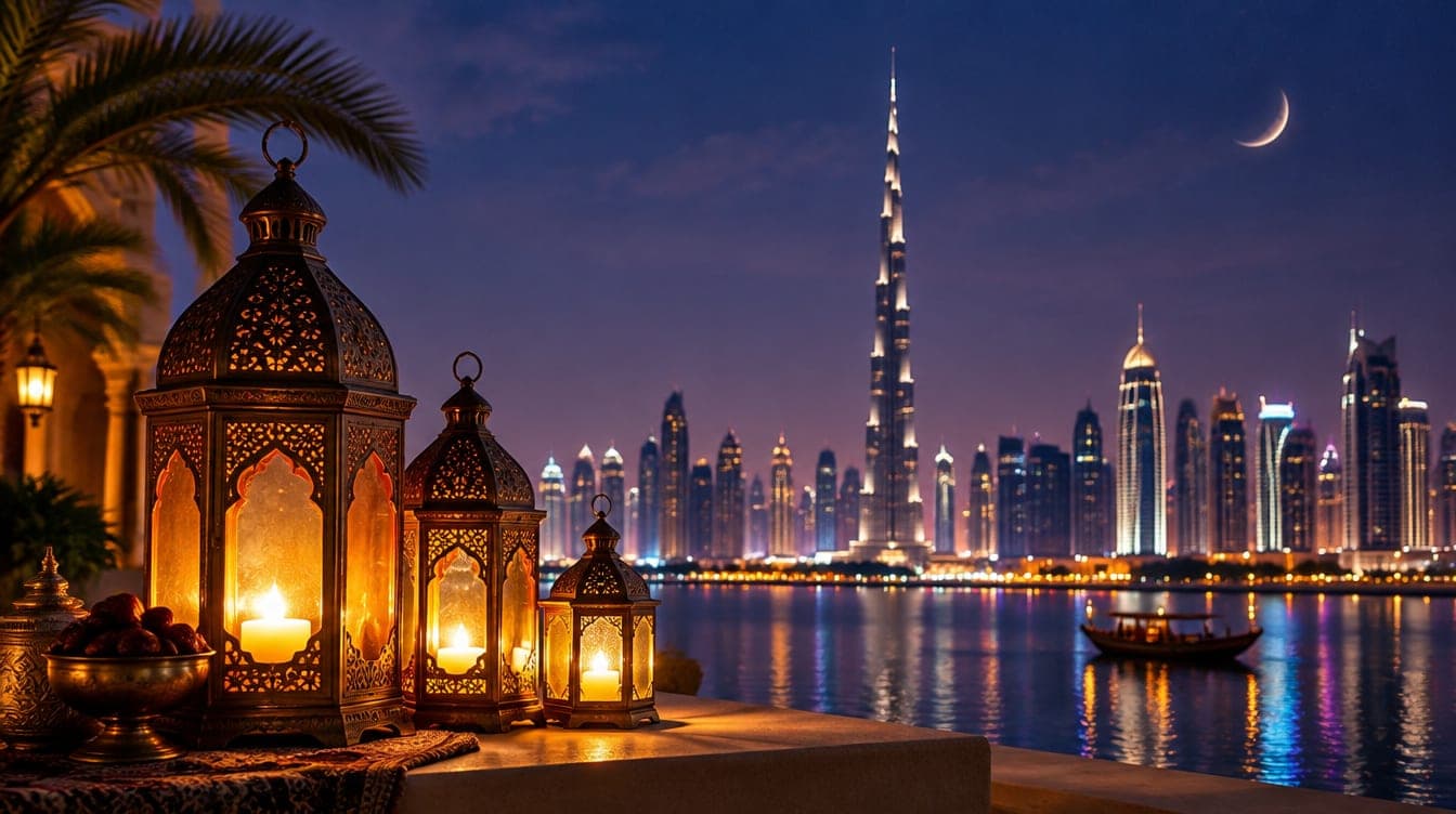 Ramadan-Laternen und die nachts beleuchtete Skyline von Dubai im heiligen Monat