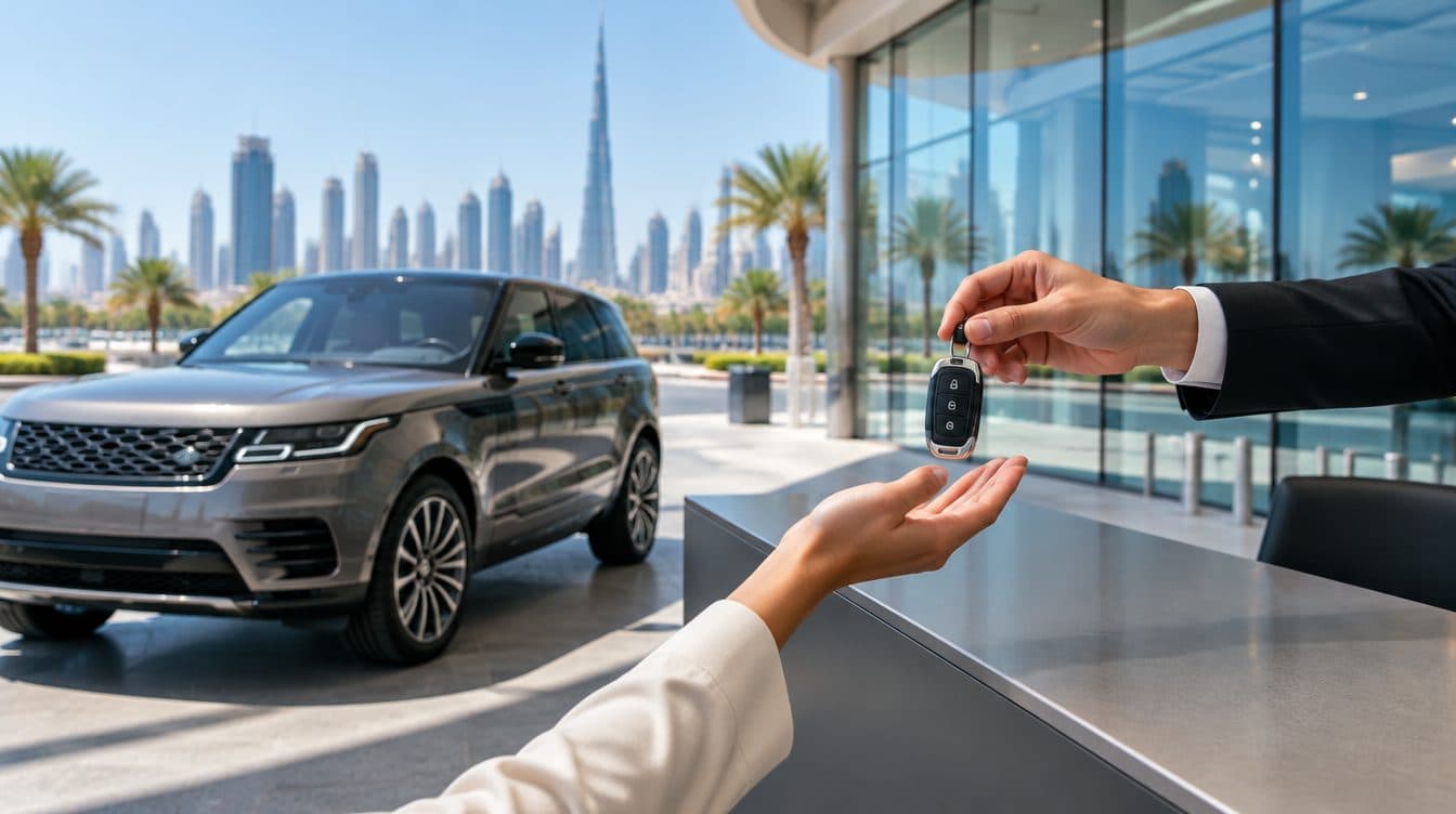 Un conducteur remettant un permis de conduire et un passeport au comptoir d'une agence de location de voitures à Dubai