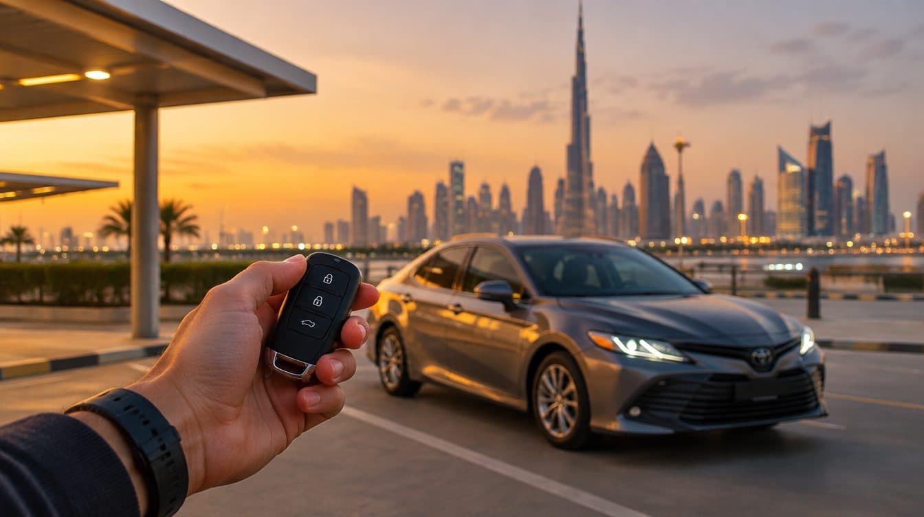 Dubai'de bir kiralama masasının üzerinde Hint ehliyeti, pasaport ve araç anahtarları